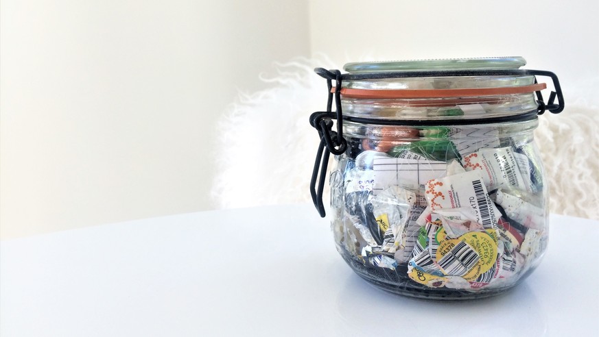This Nov. 18, 2017 photo provided by Bea Johnson shows a jar filled with one year of waste produced from Johnson and her family, shown in Mill Valley, Calif. Johnson and her family have produced a mer ...