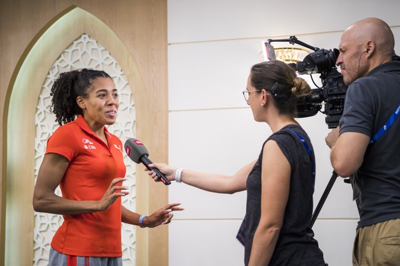 Mujinga Kambundji from Switzerland (100 and 200 meters and 4x100 meters relay) speaks to journalists during a press conference of Swiss Athletics ahead of the IAAF World Athletics Championships, in Do ...