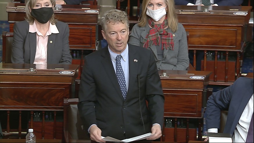 In this image from video, Sen. Rand Paul, R-Ky., makes a motion that the impeachment trial against former President Donald Trump is unconstitutional in the Senate at the U.S. Capitol in Washington, Tu ...