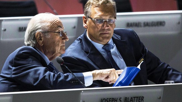 epa05099585 (FILE) A file picture dated 29 May 2015 of FIFA President Joseph Blatter (L) speaking with FIFA Secretary General Jerome Valcke (R) during the 65th FIFA Congress in Zurich, Switzerland. Me ...
