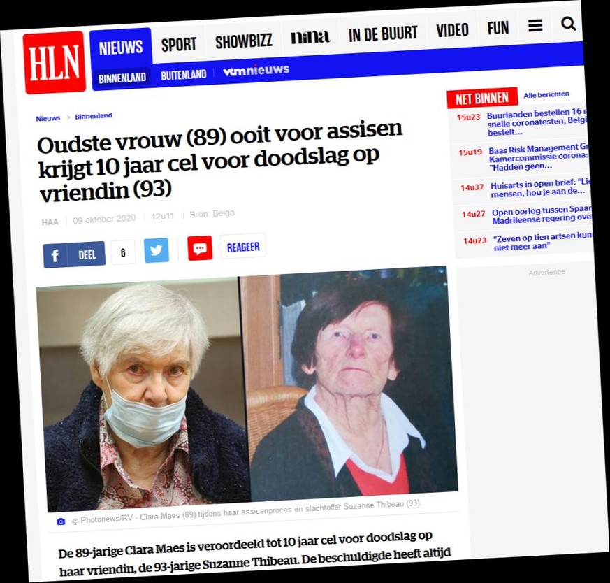 Screenshot HLN.be: Clara Maes, 89, zu 10 Jahren Haft verurteilt.