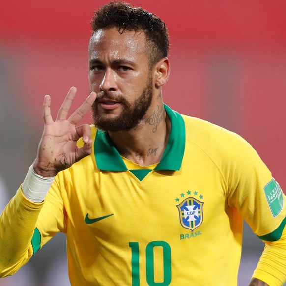 epa08742706 Neymar Jr of Brazil celebrates after scoring against Peru during the Qatar 2022 World Cup South American qualifiers match between Peru and Brazil at the National stadium in Lima, Peru, 13  ...