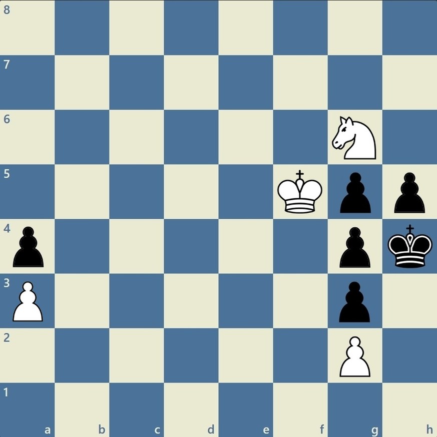 Schachproblem: Weiss zieht und setzt Schwarz in 2 Zügen matt. Zug 2: Sg6#