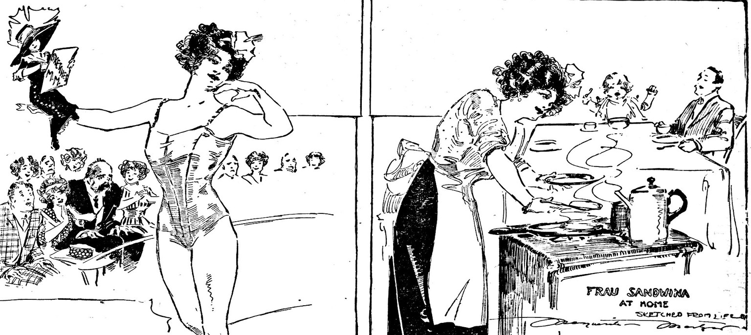 Die dazugehörige Zeichnung der Reporterin Marguerite Martyn, wie sie selbst von Katharina hochgehoben wird, und rechts, wie sie für ihren Ehemann und ihren Sohn Abendessen kocht, 1911.