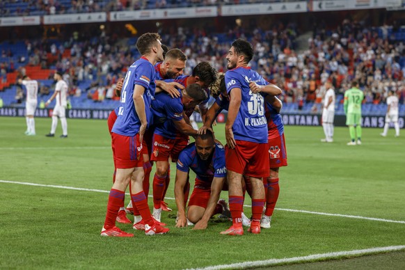 Basel celebrates the 2:0 during the 2nd qualification round of the European Conference League between FC Basel and FK Partizani Tirana at the St. Jakob Park stadium in Basel, Switzerland, Thursday, 22 ...