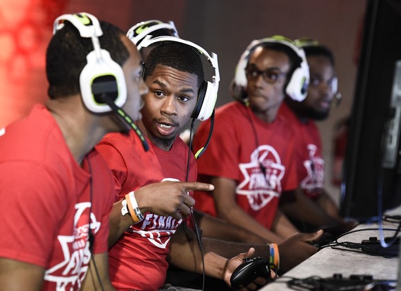 IMAGE DISTRIBUTED FOR NBA 2K - Team GFG seen at the NBA 2K16 Road to the Finals championship event on Wednesday, June 1, 2016, in Los Angeles. Two teams of gamers go head to head during a competition  ...