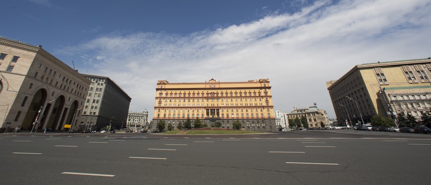 A view of Lubyanka Square, where monument to Felix Dzerzhinsky stood until it was dismantled in 1991, in Moscow, Russia, Thursday, June 25, 2015, with the main building of the Russian Federal Security ...