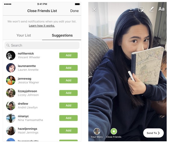 This undated product image provided by Instagram shows a new feature Close Friends, which aims to make it easier to share photos and videos with fewer people. The new feature lets users share Stories, ...