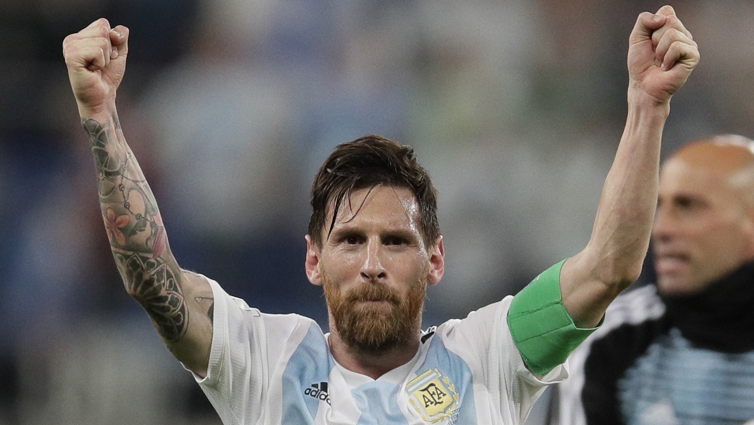 Argentina&#039;s Lionel Messi celebrates after the group D match between Argentina and Nigeria at the 2018 soccer World Cup in the St. Petersburg Stadium in St. Petersburg, Russia, Tuesday, June 26, 2 ...