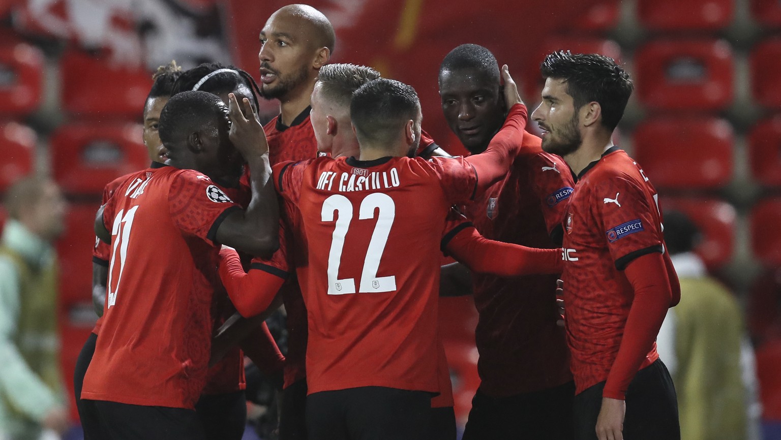 Rennes players celebrate after Rennes&#039; Serhou Guirassy scored his side&#039;s opening goal during the Champions League, group E soccer match between Rennes and Krasnodar at the Roazhon Park stadi ...