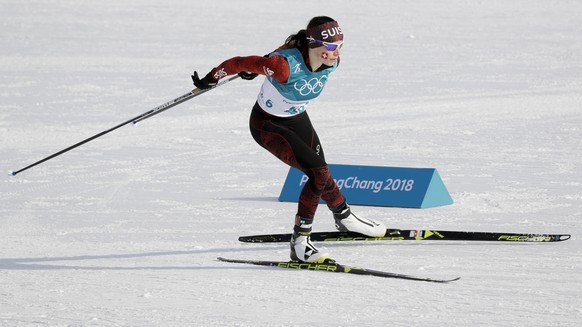 Nathalie von Siebenthal competes during the women&#039;s 10km freestyle cross-country skiing competition at the 2018 Winter Olympics in Pyeongchang, South Korea, Thursday, Feb. 15, 2018. (AP Photo/Kir ...