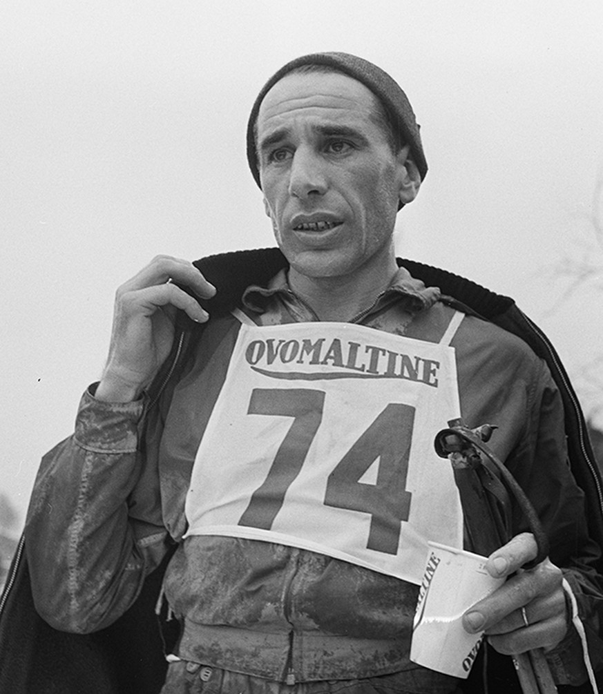 Langlauf-Wettkampf in Le Brassus 1955, Porträt von Benoît Carrara mit Ovomaltine.