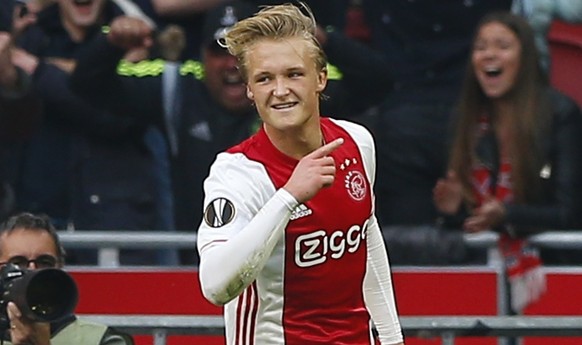 Ajax&#039;s Kasper Dolberg celebrates after scoring the second of his team during the first leg semi final soccer match between Ajax and Olympique Lyon in the Amsterdam ArenA stadium, Netherlands, Wed ...