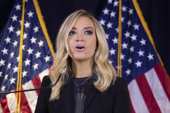 epa08810519 White House Press Secretary Kayleigh McEnany participates in a news conference, at the Republican National Committee headquarters in Washington, DC, USA, 09 November 2020. Chairwoman of th ...