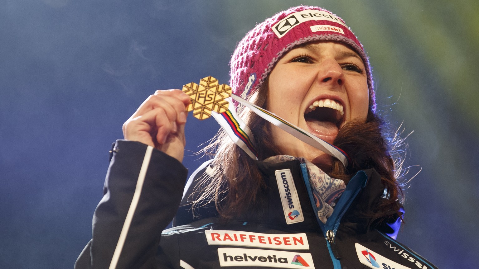 Gold medalist Wendy Holdener of Switzerland celebrates during the women alpine combined winner’s presentation at the 2017 FIS Alpine Skiing World Championships in St. Moritz, Switzerland, Friday, Febr ...