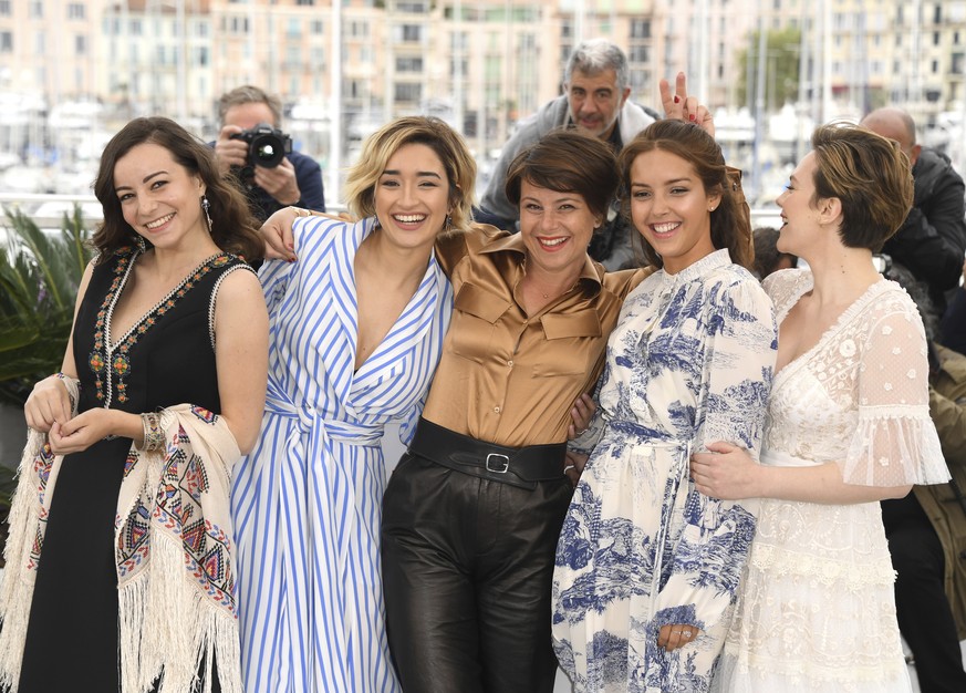 Actresses Amira Hilda Douaouda, from left, Shirine Boutella, director Mounia Meddour, actresses Lyna Khoudri, and Zahra Doumandji pose for photographers at the photo call for the film &#039;Papicha&#0 ...