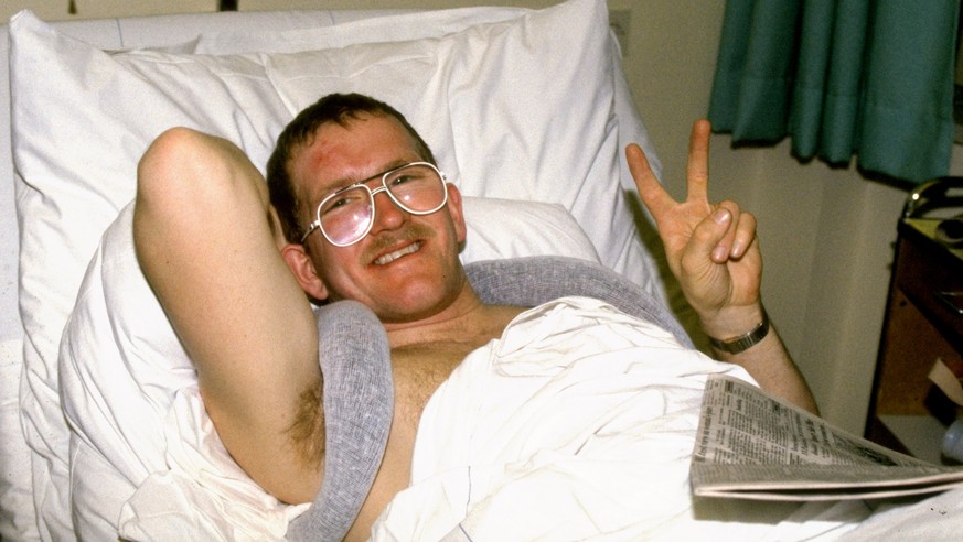 1988: Eddie Edwards of Great Britain recovers in hospital after a crash. \ Mandatory Credit: Allsport UK /Allsport