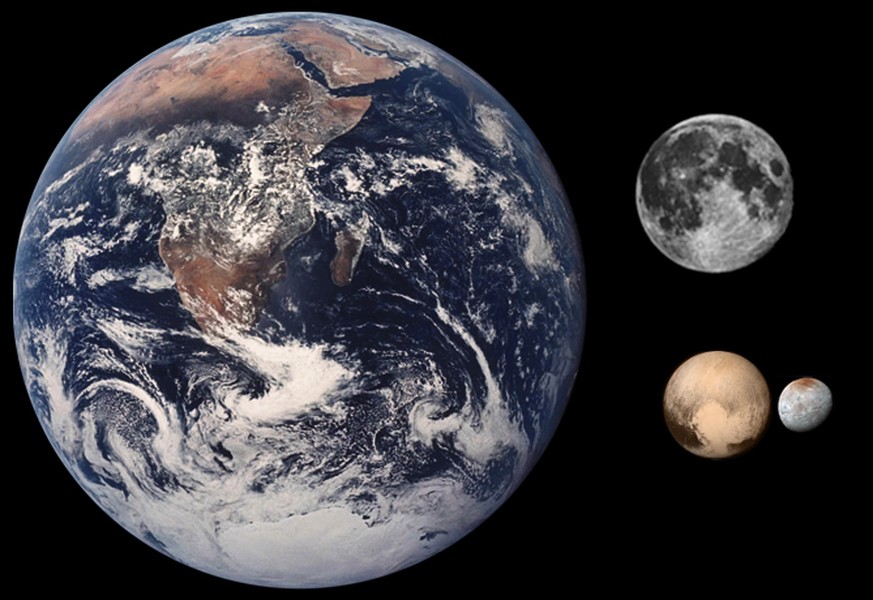 Grössenvergleich zwischen Erde (l.), Mond (oben r.), Pluto und seinem Mond Charon (unten r.).
https://de.wikipedia.org/wiki/Pluto#/media/Datei:Pluto_Charon_Moon_Earth_Comparison.png