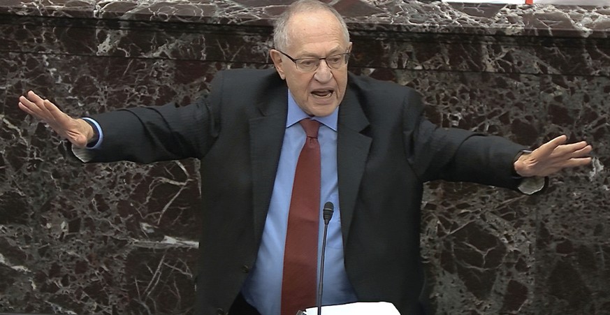 In this image from video, Alan Dershowitz, an attorney for President Donald Trump answers a question during the impeachment trial against Trump in the Senate at the U.S. Capitol in Washington, Wednesd ...