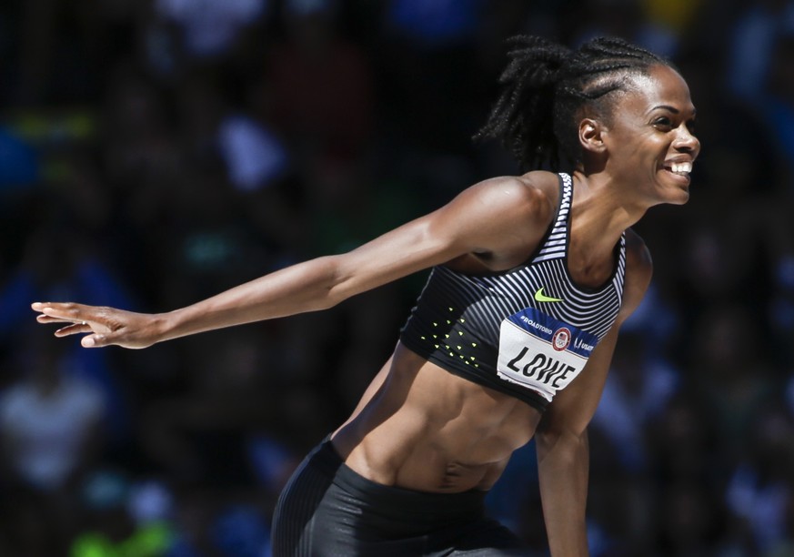 Chaunte Lowe reacts during the womens high jump final at the U.S. Olympic Track and Field Trials, Sunday, July 3, 2016, in Eugene Ore. (AP Photo/Marcio Jose Sanchez)