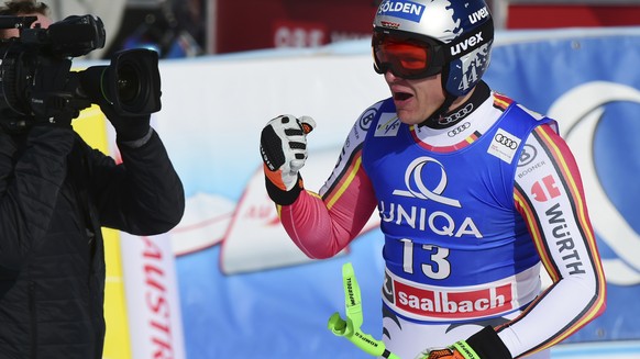 Germany&#039;s Thomas Dressen reacts at finish line after completing an alpine ski, men&#039;s World Cup downhill, in Saalbach, Austria, Thursday, Feb. 13, 2020. (AP Photo/Marco Tacca)