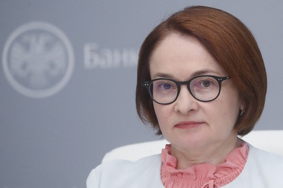 epa07822358 Russian Central Bank Head Elvira Nabiullina attends a news conference following the Bank of Russia Board of Directors meeting on monetary policy issues, in Moscow, Russia, 06 September 201 ...