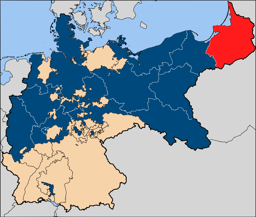 Deutschland in den Grenzen von 1914, Preussen (blau) mit Ostpreussen (rot)