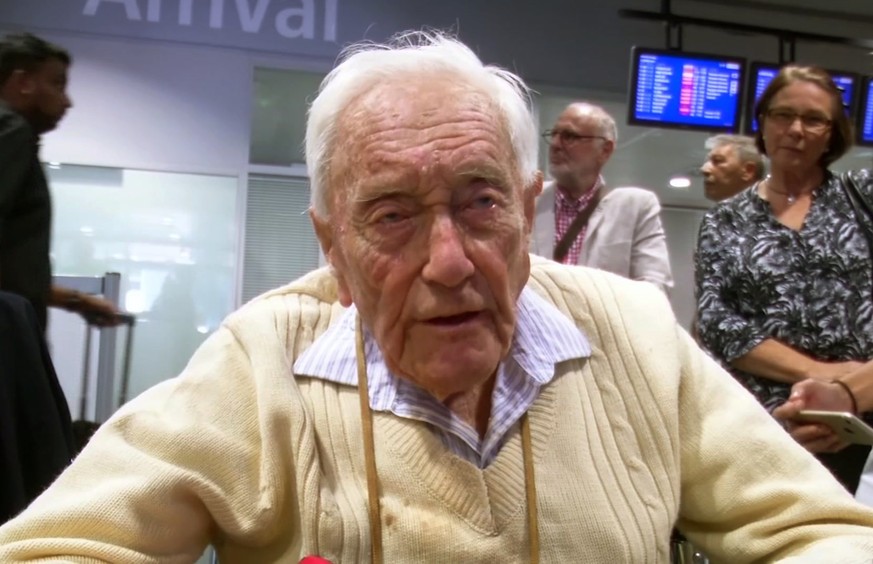 In this image made from video, 104-year-old David Goodall arrives at Basel Airport in Switzerland, Monday, May 7, 2018. A 104-year-old Australian scientist has arrived in Switzerland before his planne ...