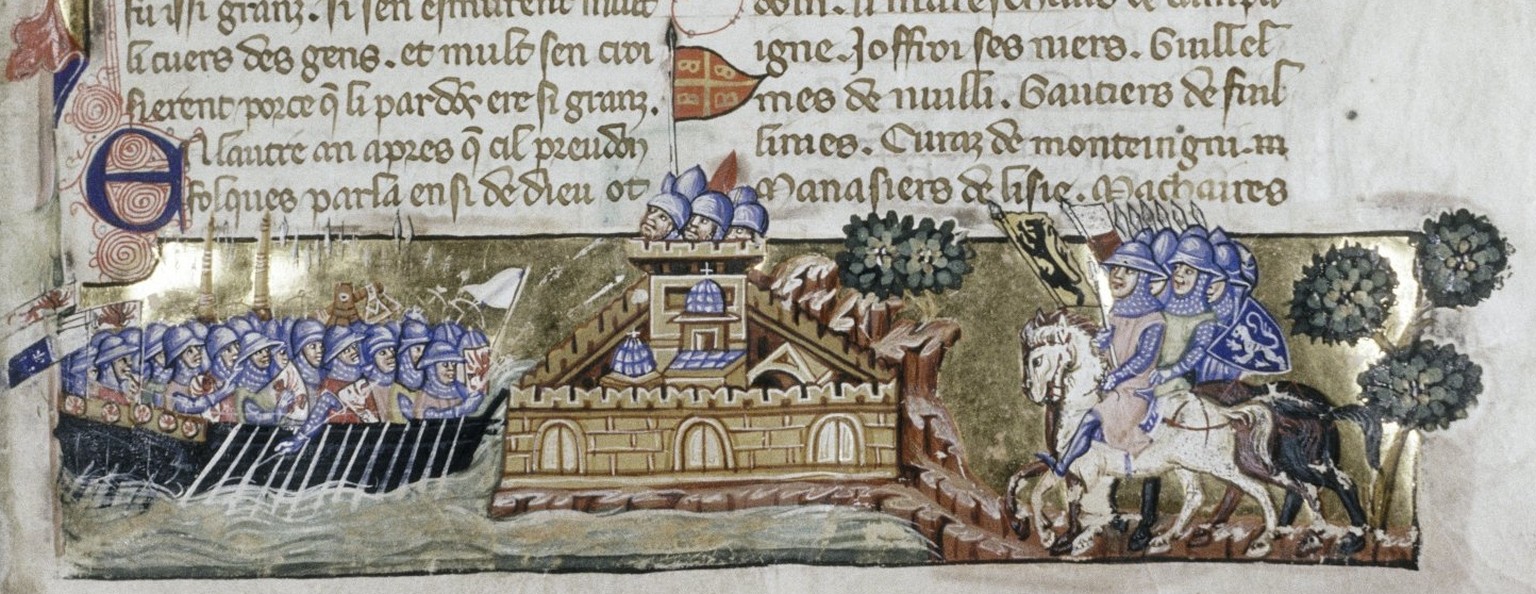 Angriff der Kreuzfahrer auf Konstantinopel, dargestellt in einer Handschrift der Chronik Villehardouins, um 1330.