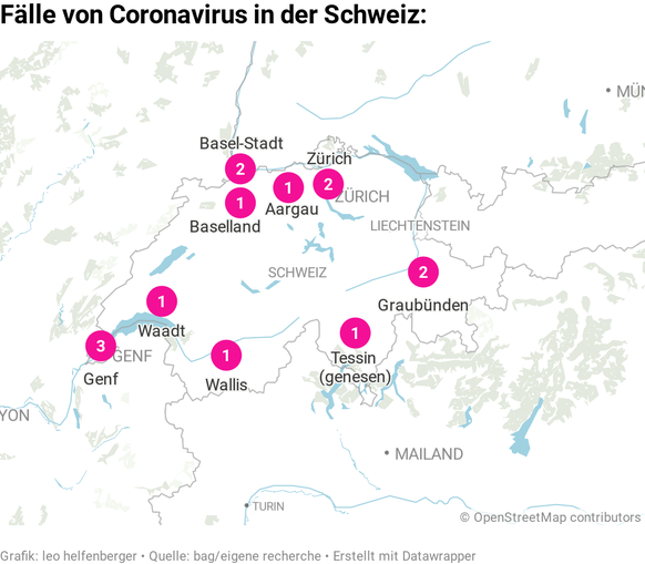 Übersichtskarte mit den 14 Coronavirus-Fällen in der Schweiz. Stand 29.02.2020, 0600