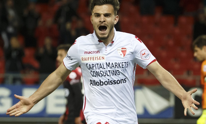 Sion&#039;s midfielder Bastien Toma celebrates his goal after scoring the 1:0, during the Super League soccer match of Swiss Championship between FC Sion and Neuchatel Xamax FCS, at the Stade de Tourb ...