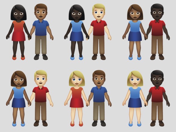 This undated illustration provided by Tinder/Emojination shows new variations of interracial emoji couples. In the world of emojis, interracial couples had virtually no options in terms of skin tone.  ...