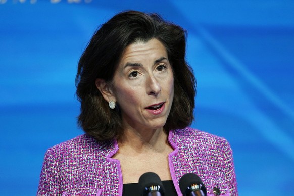 FILE - In this Jan. 8, 2021 file photo, President-elect Joe Biden&#039;s nominee for Secretary of Commerce, Rhode Island Gov. Gina Raimondo speaks during an event at The Queen theater in Wilmington. T ...