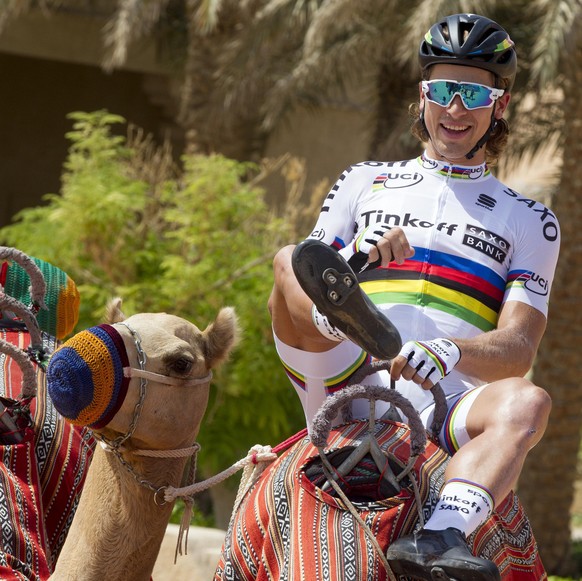 Road cycling reigning World Champion Peter Sagan enjoys a camel ride prior to the first stage of the Abu Dhabi tour cycling race, from Qasr Al Sarab to Madinat Zayed, UAE, Thursday, Oct. 8, 2015. (Cla ...