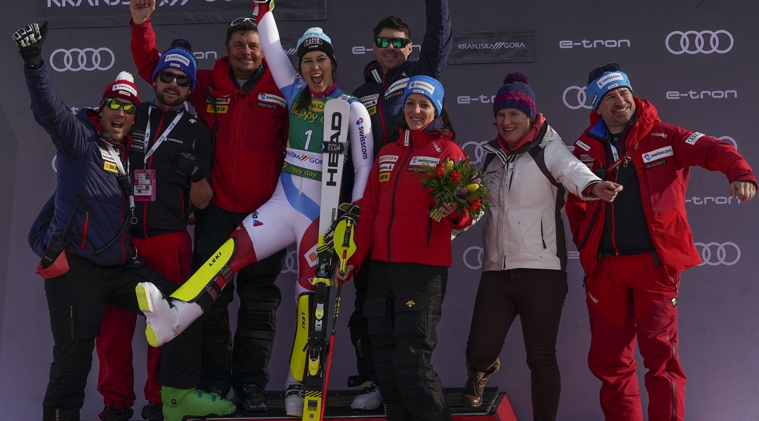 Switzerland&#039;s Wendy Holdener celebrates after finishing second in a alpine ski, women&#039;s World Cup slalom in Kranjska Gora, Slovenia, Sunday, Feb. 16, 2020. (AP Photo/Giovanni Auletta)
