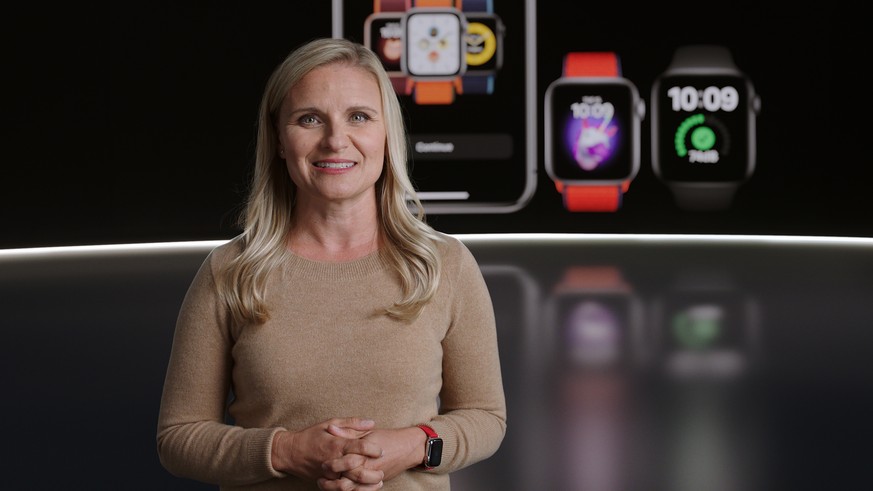 epa08671247 Handout video still image released by Apple showing Deidre Caldbeck introducing Family Setup in watchOS 7 for Apple Watch during an Apple Event at Apple Park in Cupertino, California, USA  ...