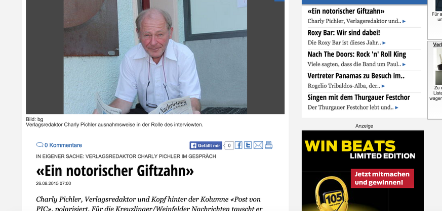 Screenshot eines Interviews mit Charly Pichler auf der Homepage der Kreuzlinger Nachrichten, die ebenfalls zur Zehnder-Gruppe gehören.