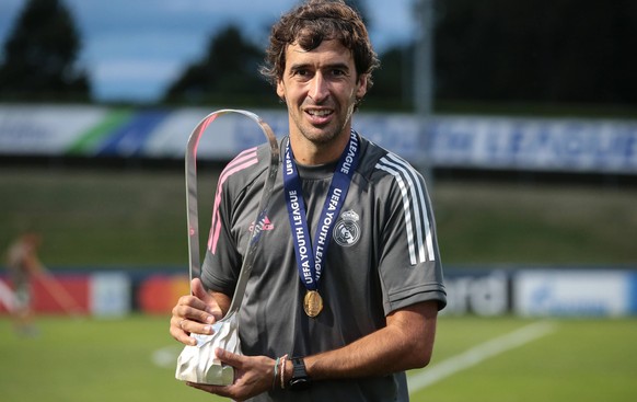 Raul Gonzalez Blanco Head coach of Real Madrid pictured with the trophy following the UEFA Youth League match at Colovray Sports Centre, Nyon. Picture date: 25th August 2020. Picture credit should rea ...