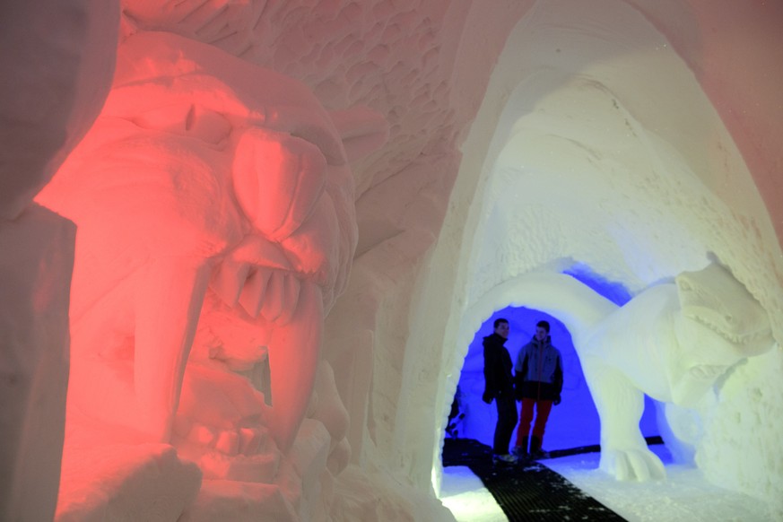 Visitors look at snow sculptures of dinosaurs and other prehistoric animals on display in an artificial cave measuring more than 30 metres long and 15 metres wide and made with 1,200 m3 of artificial  ...