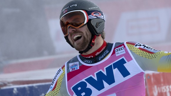 Norway&#039;s Aleksander Aamodt Kilde reacts in the finish area during the second run of the men&#039;s giant slalom race at the FIS Alpine Skiing World Cup in Adelboden, Switzerland, Saturday, Januar ...