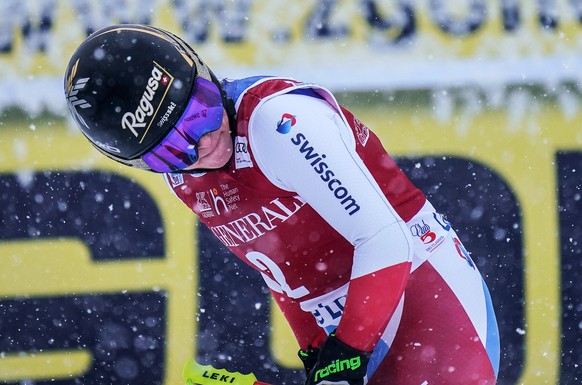 epa08050486 Lara Gut-Behrami of Switzerland reacts in the finish area at the Women&#039;s World Cup Alpine Downhill Race in Lake Louise, Alberta, Canada, 06 December 2019. EPA/NICK DIDLICK