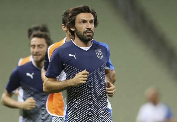 Italy midfielder Andrea Pirlo runs during a training session of Italy at the soccer Confederations Cup in Fortaleza, Brazil, Wednesday, June 26, 2013. Italy will face Spain Thursday for a place in the ...