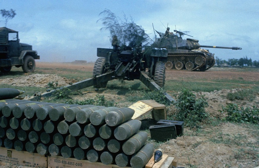 South Vietnamese, or ARVN, artillery and tanks are shown near the town of Dong Ha, South Vietnam, April 3, 1972. Dong Ha, just south of the DMZ buffer zone, was hit by heavy North Vietnamese artillery ...