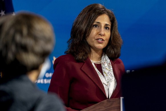 FILE - In this Dec. 1, 2020, file photo President-elect Joe Biden&#039;s nominee to serve as Director of the Office of Management and Budget Neera Tanden speaks at The Queen theater in Wilmington, Del ...