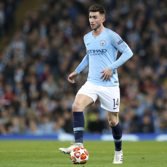 Manchester City defender Aymeric Laporte controls the ball during the Champions League quarterfinal, second leg, soccer match between Manchester City and Tottenham Hotspur at the Etihad Stadium in Man ...