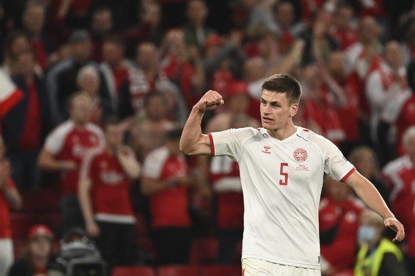 Denmark&#039;s Joakim Maehle celebrates after scoring his side&#039;s fourth goal during the Euro 2020 soccer championship group B match between Russia and Denmark at the Parken stadium in Copenhagen, ...