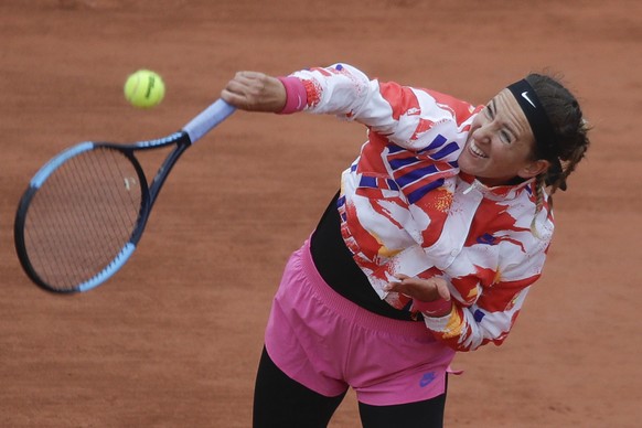 Victoria Azarenka of Belarus serves in the first round match of the French Open tennis tournament against Montenegro&#039;s Danka Kovinic at the Roland Garros stadium in Paris, France, Sunday, Sept. 2 ...