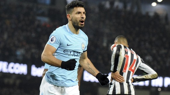 Manchester City&#039;s Sergio Aguero celebrates after scoring his side&#039;s third goal during the English Premier League soccer match between Manchester City and Newcastle United at the Etihad Stadi ...