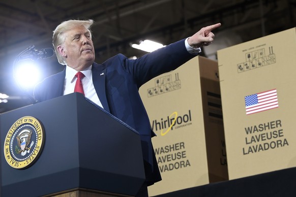 President Donald Trump speaks during an event at the Whirlpool Corporation facility in Clyde, Ohio, Thursday, Aug. 6, 2020. Trump is in Ohio to promote the economic prosperity that much of the nation  ...