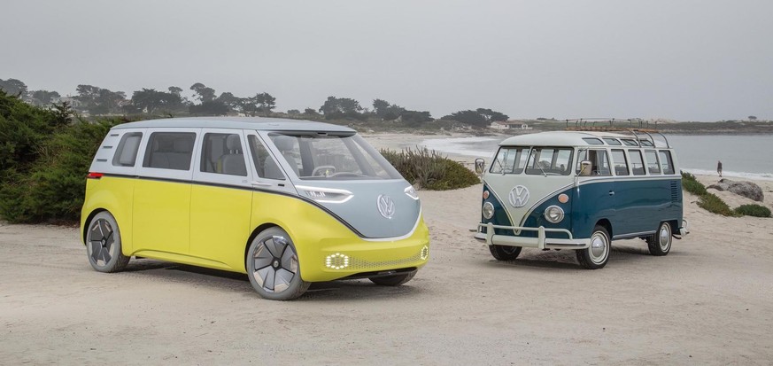 Der VW ID.Buzz nimmt Designelemente des so genannten Samba-Busses aus den 1960er Jahren auf.